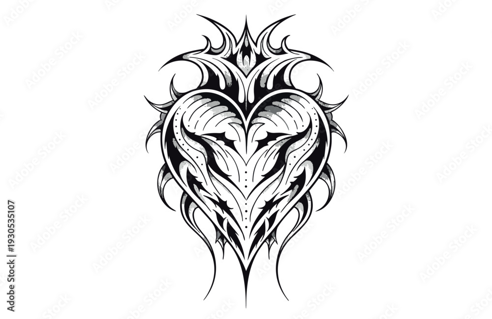Obraz premium Tattoo design featuring a heart shape with intricate patterns and sharp elements created with black ink on a white background Generative AI