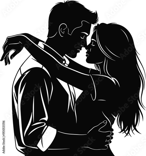 Romantic couple embracing silhouette, intimate love moment, man and woman hugging close, relationship passion concept vector illustration