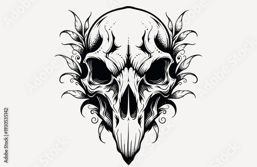 Skull design with floral elements in black and white on a plain background Generative AI