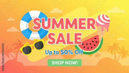 Summer Sale Advertisement with Beach Elements.