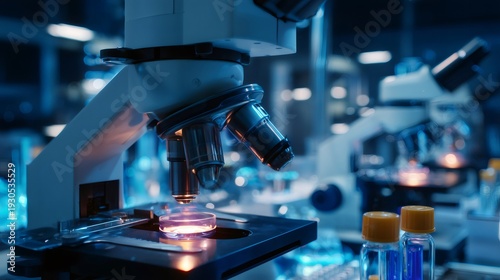 Biomedical research lab microscopy analyzing science sample
