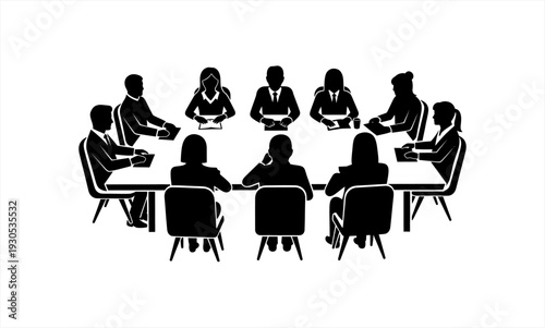 Silhouettes of business people in a meeting around a table.