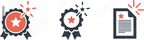 Set of icons representing achievement, awards, and recognition with stars and ribbons