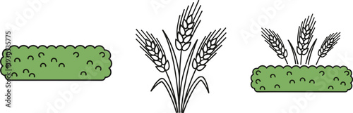 Simple vector icons of green bushes and wheat stalks on a white background