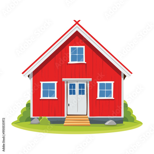 Cartoon red house with white trim and green bushes