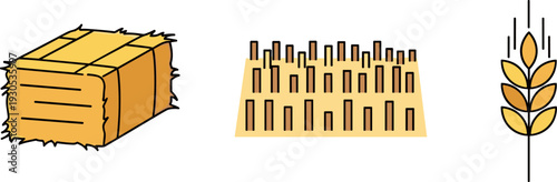 Vector illustration of a hay bale, harvested wheat field, and wheat stalk