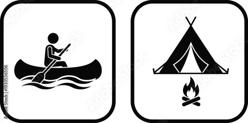 Camping and outdoor activity icons set with man in canoe and tent with campfire for forest adventure and tourism, cad drawing flat vector illustration