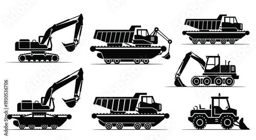 Tracked excavator dump truck silhouette illustration
