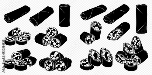 Set of silhouettes of spring rolls, whole and cut, with various fillings, isolated on a transparent background.