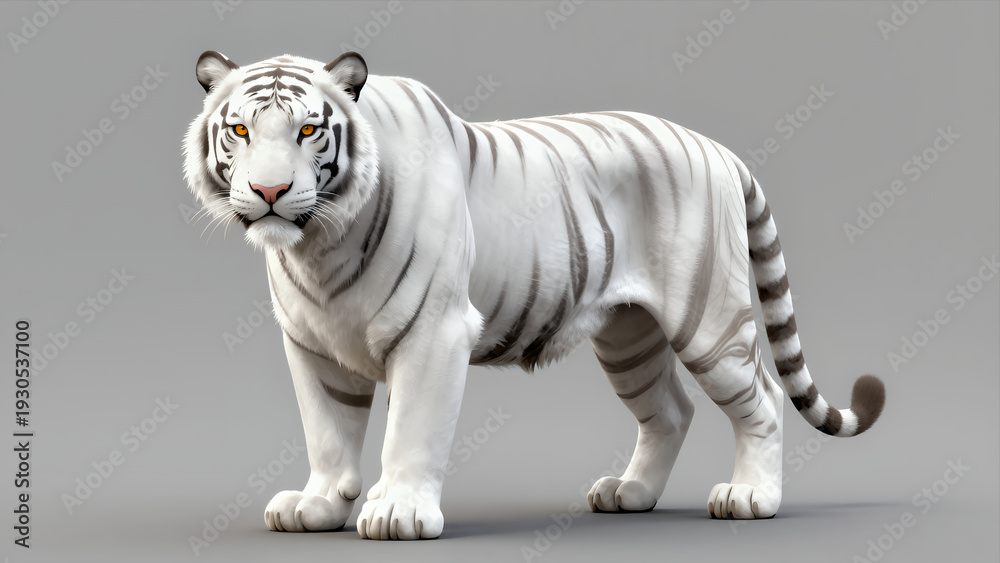 Obraz premium Realistic 3d Rendering of a Majestic White Tiger Standing Alert with Detailed Fur and Striking Orange Eyes Against Neutral Gray Background