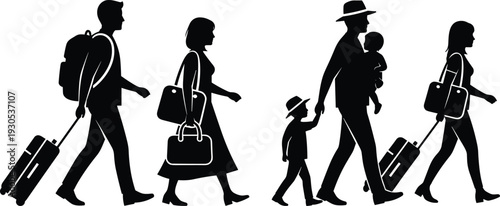 Traveling family silhouette with luggage, parents and children walking with suitcases, vacation journey concept vector illustration isolated on white