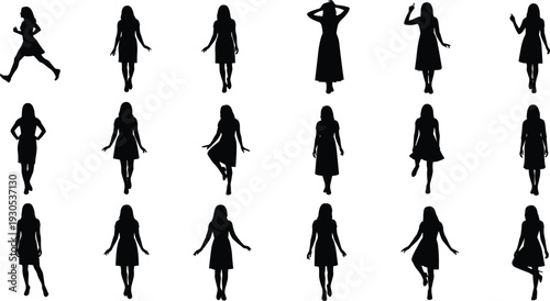 Woman silhouette set featuring elegant standing walking and dancing poses isolated on white background vector illustration collection