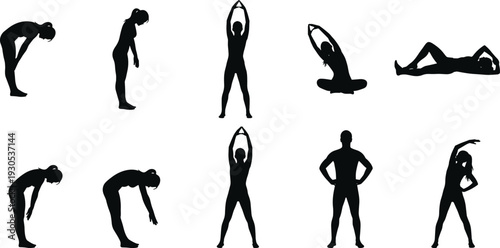 Women and men stretching exercise silhouette set isolated on white background, fitness workout and flexibility training vector illustration