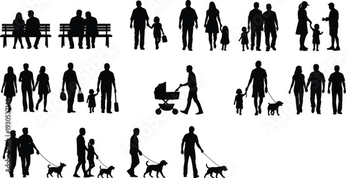 Collection of family silhouettes walking with children and dogs, parents with stroller isolated on white background for design