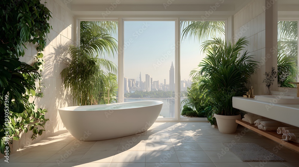 Fototapeta premium Sun-drenched modern luxury bathroom interior featuring a sleek standalone white soaking tub and lush tropical houseplants by the windows.