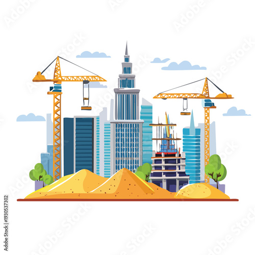 Cityscape construction scene with tower cranes and buildings