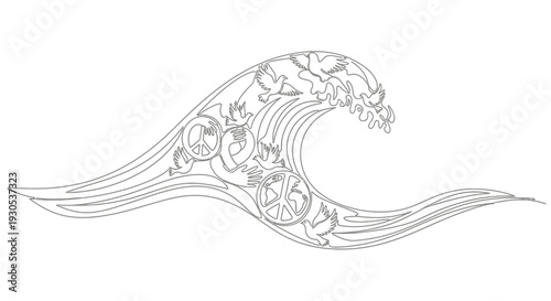 Peace Wave Symbolism: Doves and Peace Signs Integrated into Ocean Swell