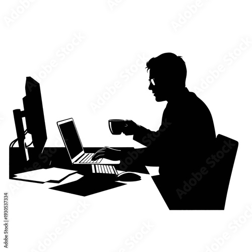 Man Working on Laptop with Coffee.