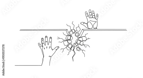 Hands breaking through a cracked wall, symbolizing hope and rescue