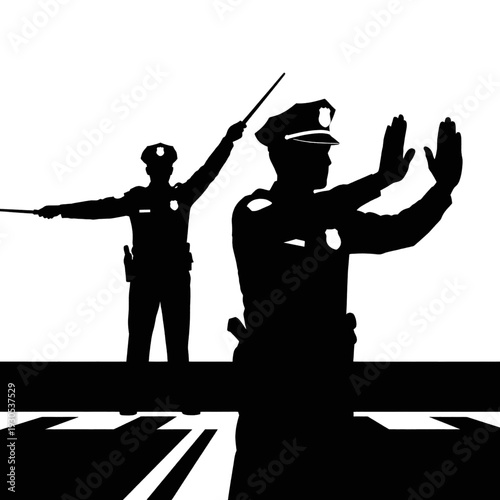 Police Officers Silhouettes Directing Traffic Control.