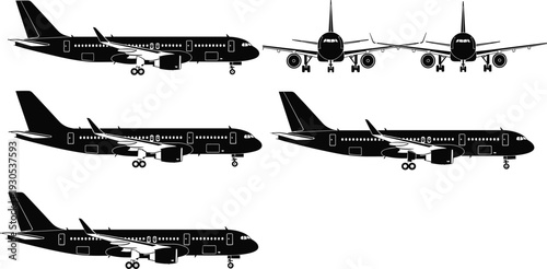 Passenger airplane silhouettes in side and front views, commercial jet aircraft isolated on white background for aviation design