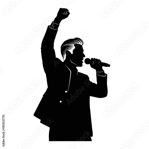 Singer Silhouette with Raised Fist and Microphone.