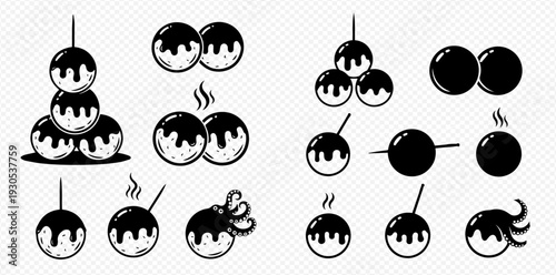Set of black and white takoyaki illustrations, Japanese octopus balls with sauce, on skewers, and steaming hot.