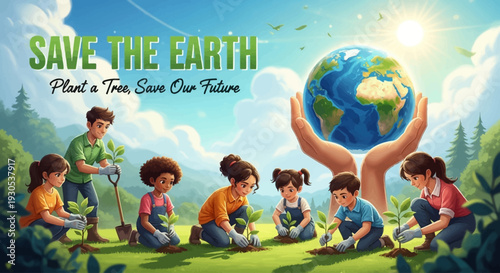 Children planting trees to save the Earth, with hands holding the planet in the background.