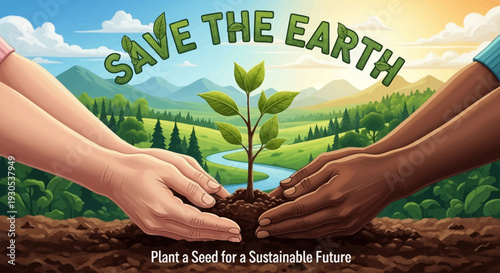 Two hands, one light-skinned and one dark-skinned, cradle a young plant being planted in fertile soil, symbolizing global unity and environmental stewardship.