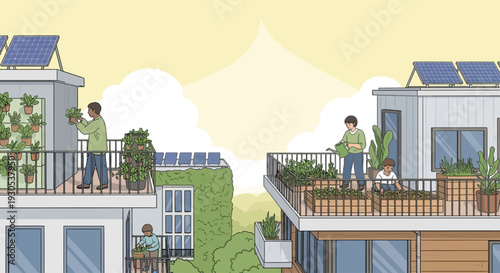 People gardening on rooftops and balconies of modern buildings with solar panels and green walls, illustrating sustainable urban living.