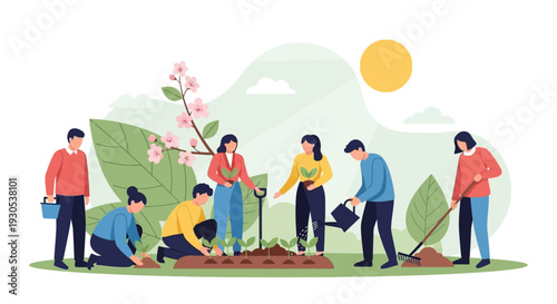 Group of diverse people working together in a community garden, planting and watering young plants under a sunny sky, promoting teamwork and environmental care.