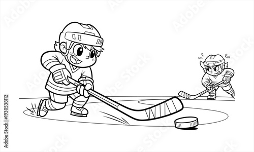 Two young ice hockey players in action, one with a stick and puck, ready to score.