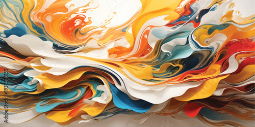 An artistic abstract colorful background featuring 3d liquid fire flames and golden water waves in a seamless flow of light and orange swirl patterns