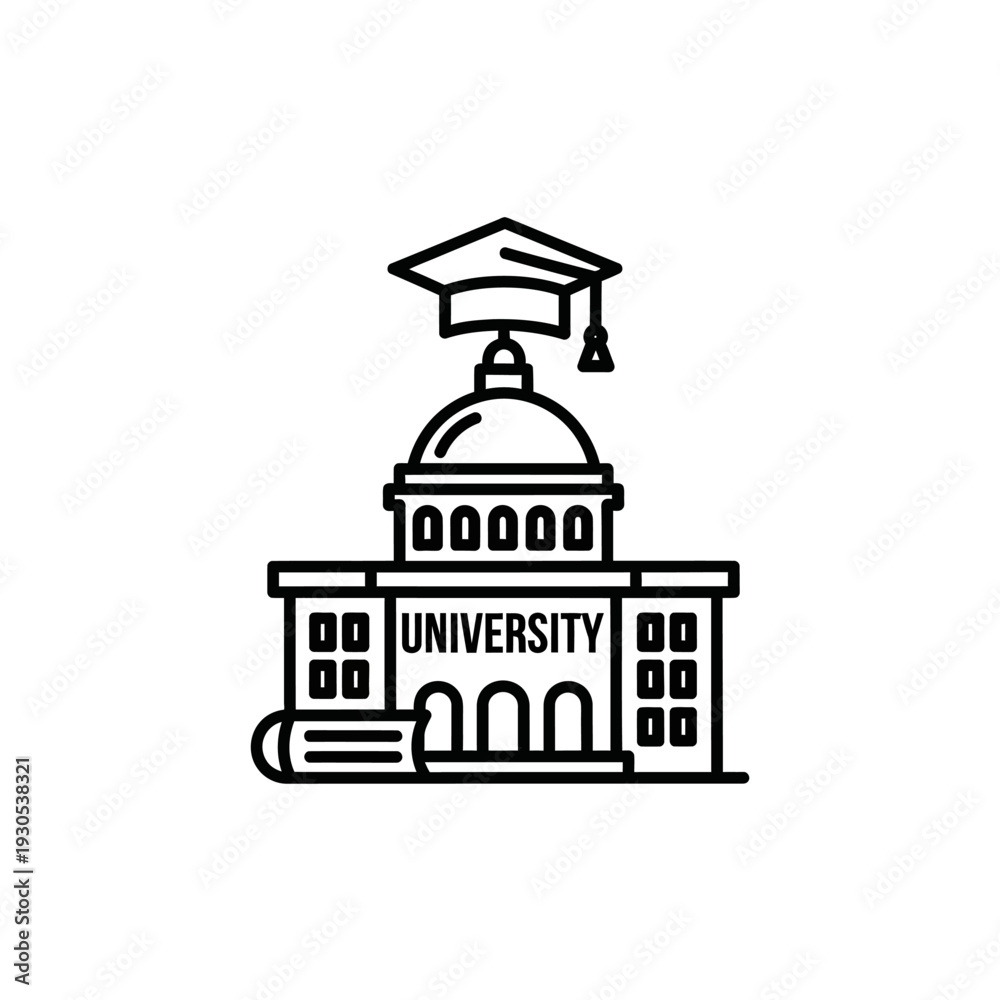 Naklejka premium Academic University Building Icon with Graduation Cap Representation