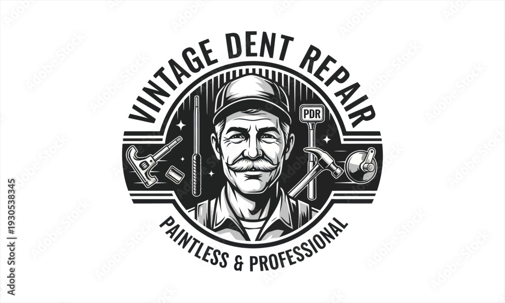 Obraz premium Vintage Dent Repair Logo with Professional Craftsman and Tools.