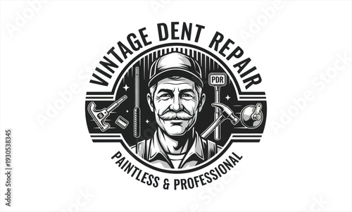 Vintage Dent Repair Logo with Professional Craftsman and Tools.