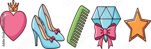 Cute girly fashion elements with high heels, diamond, bow, crown heart, comb, and star for feminine lifestyle vector illustration.