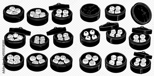 Set of hand-drawn dim sum in bamboo steamers, traditional Chinese cuisine illustrations in black and white.