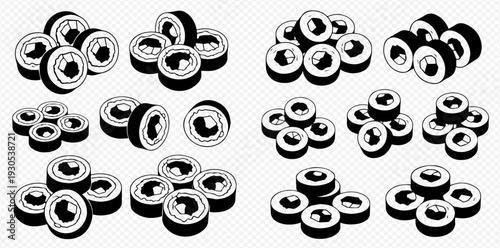 Monochrome Sushi Rolls Set: Hand-Drawn Japanese Cuisine Elements for Asian Food Design.