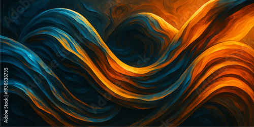 An artistic abstract fractal wallpaper featuring a vibrant orange and red fire vortex design with a flowing spiral wave pattern and glowing light texture