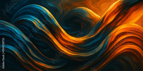 An abstract orange fractal background featuring a fiery heart swirl and glowing red waves creates a vibrant spiral pattern of light and energy for a romantic art wallpaper illustration