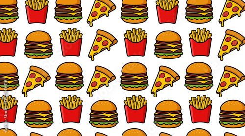 Fun and colorful repeating pattern of popular fast food items like burgers, fries, and pizza slices