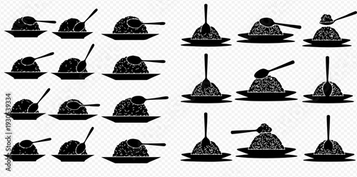 Set of black silhouettes of rice or cereal bowls with spoons, illustrating various serving and eating positions, on a checkered background.