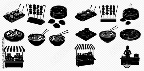 Set of silhouettes of various Asian street food items and stalls, including noodles, dumplings, and skewers.