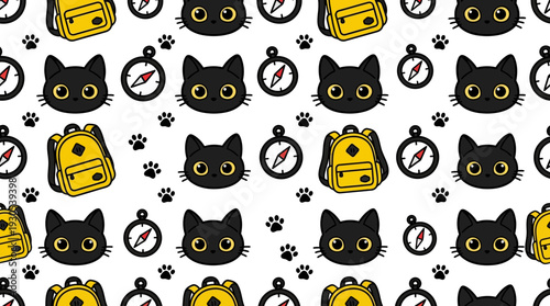 Delightful black cat, backpack, and compass pattern for whimsical, serene evening adventures