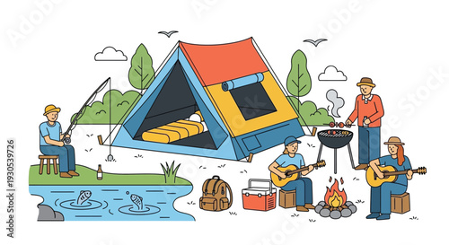 A colorful illustration depicts a lakeside camping scene with people fishing playing guitar and grilling silhouette high quality professional detailed modern