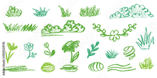 Hand drawn nature elements set. Green crayon grass, bushes, flowers and stones. Vector sketch illustration for kids drawing and spring design