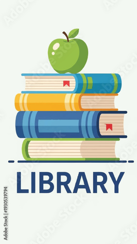 Colorful Library Stack with Apple on Top, Evoking Reading and Study Atmosphere.