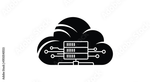 A black silhouette depicts a server within a cloud connected by lines representing data technology infrastructure silhouette high quality professional detailed