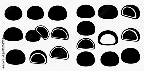 Mochi dessert silhouette set, traditional Japanese sweet rice cake filled with various ingredients, black and white vector illustration.